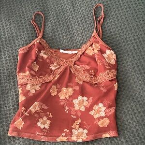 Pink Rose Rust Floral Cami with Lace Trim